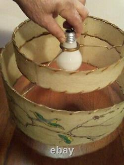 Vintage MCM Fiberglass 2 Tier Whip Stitch Lamp Shade With Bird Butterfly Branch