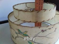 Vintage MCM Fiberglass 2 Tier Whip Stitch Lamp Shade With Bird Butterfly Branch