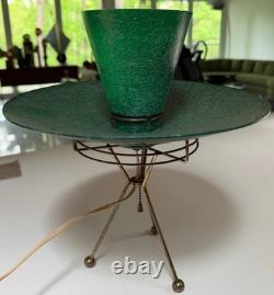 Vintage MCM Green Fiberglass Tripod Atomic Lamp Mid Century Modern UFO Saucer