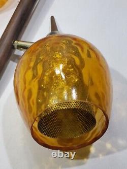 Vintage MCM Mid-Century Tension Pole Lamp 3 Light Brown Wood Veneer Amber Globes