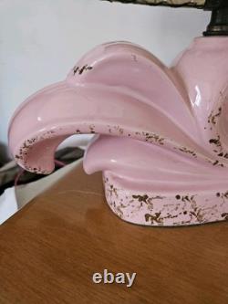 Vintage MCM Pink FLEUR DE LIS Ceramic Lamp Fiberglass Shade Atomic Mid Century