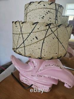 Vintage MCM Pink FLEUR DE LIS Ceramic Lamp Fiberglass Shade Atomic Mid Century