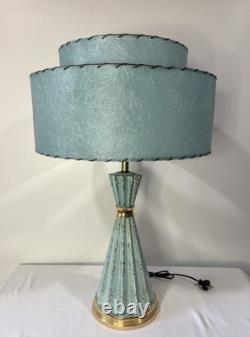Vintage MCM Table Lamp Turquoise Fiberglass Tier Shade Gold Accordion Geometric