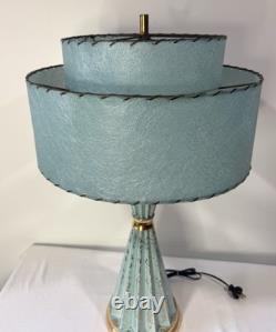 Vintage MCM Table Lamp Turquoise Fiberglass Tier Shade Gold Accordion Geometric