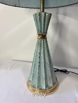 Vintage MCM Table Lamp Turquoise Fiberglass Tier Shade Gold Accordion Geometric
