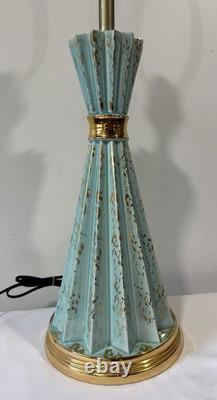 Vintage MCM Table Lamp Turquoise Fiberglass Tier Shade Gold Accordion Geometric