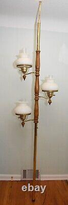 Vintage MCM Tension Pole Lamp Gold Wood Accent, 3 Way Light Hobnail Shade