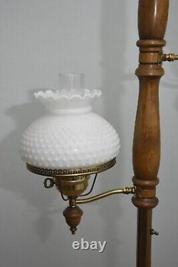 Vintage MCM Tension Pole Lamp Gold Wood Accent, 3 Way Light Hobnail Shade