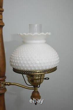 Vintage MCM Tension Pole Lamp Gold Wood Accent, 3 Way Light Hobnail Shade