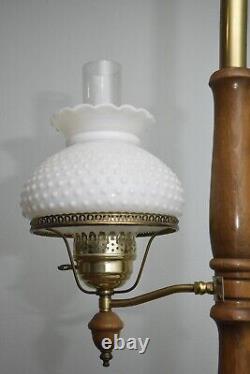 Vintage MCM Tension Pole Lamp Gold Wood Accent, 3 Way Light Hobnail Shade