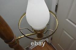 Vintage MCM Tension Pole Lamp Gold Wood Accent, 3 Way Light Hobnail Shade