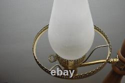 Vintage MCM Tension Pole Lamp Gold Wood Accent, 3 Way Light Hobnail Shade