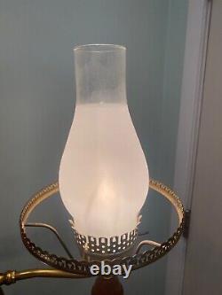 Vintage MCM Tension Pole Lamp Gold Wood Accent, 3 Way Light Hobnail Shade