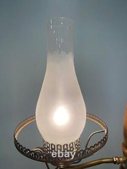 Vintage MCM Tension Pole Lamp Gold Wood Accent, 3 Way Light Hobnail Shade