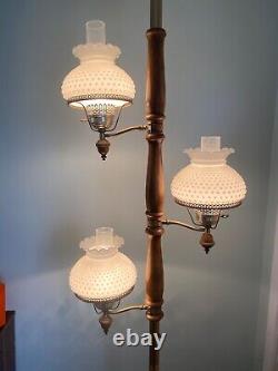 Vintage MCM Tension Pole Lamp Gold Wood Accent, 3 Way Light Hobnail Shade