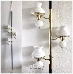 Vintage MCM Tension Pole Lamp Light Hobnail Milk Glass 3 Shades Brass Gold Black