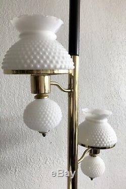 Vintage MCM Tension Pole Lamp Light Hobnail Milk Glass 3 Shades Brass Gold Black