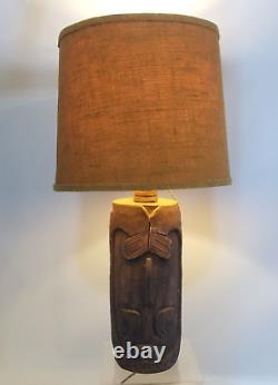 Vintage MCM Tiki Totem Pole Ceramic Table Lamp Signed Sully withOriginal Shade