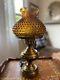 Vintage Mcm Boudoir Brass Lamp With Glass Amber Shade Hobnail Hollywood Regency