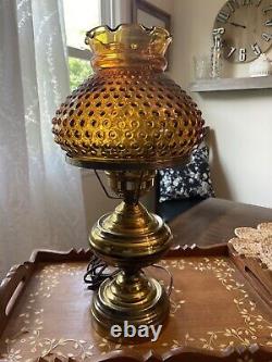 Vintage MCM boudoir brass Lamp With Glass Amber Shade hobnail Hollywood Regency