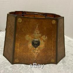 Vintage MICA LAMP SHADE Amber 8 Sided LION MASK Mounts Decorated Panels 1920s