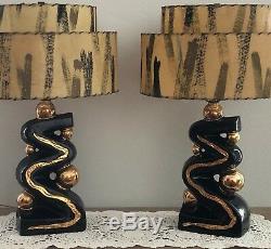 Vintage MID CENTURY Pair Of Ceramic ZIG ZAG LAMPS With Parchment Shades