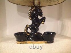 Vintage MID Century Horse Lamp Hoof Planters Night Lite Black Gold 2 Tier Shade