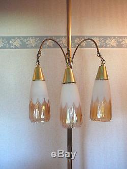 Vintage MID Century Modern Three Light Pole Tension Lamp Glass Peach Shades
