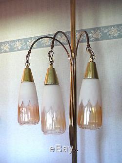 Vintage MID Century Modern Three Light Pole Tension Lamp Glass Peach Shades