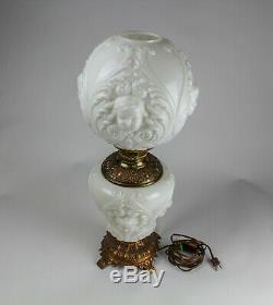 Vintage MILK GLASS Embossed CHERUB FACE Globes Electric Parlor LAMP Working