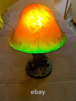 Vintage Magic Mushroom Lamp Resin Base with Yellow Green Glass Shade Retro