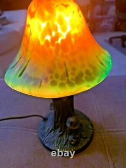 Vintage Magic Mushroom Lamp Resin Base with Yellow Green Glass Shade Retro