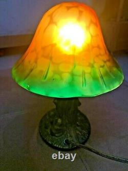 Vintage Magic Mushroom Lamp Resin Base with Yellow Green Glass Shade Retro