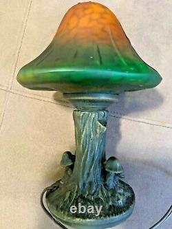 Vintage Magic Mushroom Lamp Resin Base with Yellow Green Glass Shade Retro