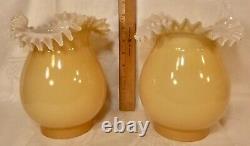 Vintage Matching Pair of Yellow Cased Glass Ruffled Lamp Shades 4 Fitter