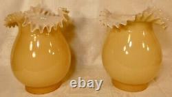 Vintage Matching Pair of Yellow Cased Glass Ruffled Lamp Shades 4 Fitter