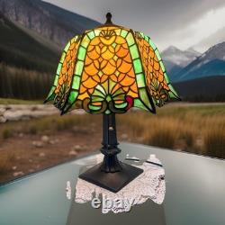 Vintage Meyda Tiffany 17 Table Lamp With Amber And Green Glass Shade