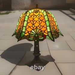 Vintage Meyda Tiffany 17 Table Lamp With Amber And Green Glass Shade