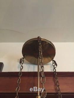 Vintage Mid Century 3 Light Tension Pole Lamp With Brass and Fiberglass Shades