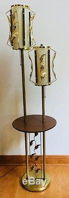 Vintage Mid Century Atomic Floor Lamp 2 Lights With Art Deco Shades & Table