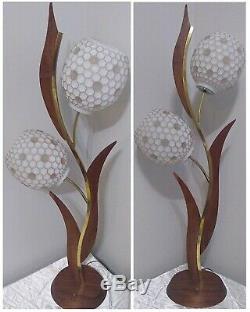 Vintage Mid Century Brass Teak Wood Table Accent Lamp, Glass Honeycomb Shades