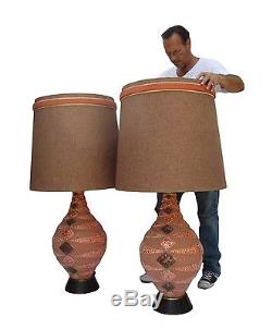 Vintage Mid Century California Pottery Pair of Huge Signed Table Lamps with Shades