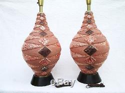 Vintage Mid Century California Pottery Pair of Huge Signed Table Lamps with Shades