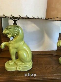 Vintage Mid Century Chartreuse Sitting Tiger Table Lamps Fiberglass Shades
