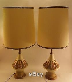 Vintage Mid Century Danish Modern Ceramic Teak Wood Table Lamps with Shades