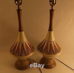 Vintage Mid Century Danish Modern Ceramic Teak Wood Table Lamps with Shades