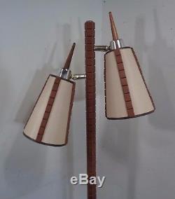 Vintage Mid Century Danish Modern Floor Lamp Walnut & Brass Cone Shades 60's 70s