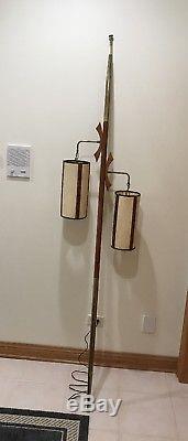 Vintage Mid Century Danish Modern Teak Walnut Brass Tension Pole Lamp 2 Shades