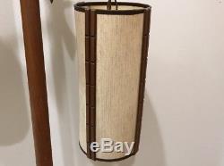 Vintage Mid Century Danish Modern Teak Walnut Brass Tension Pole Lamp 2 Shades
