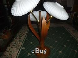 Vintage Mid Century Danish Teak Table Lamp with three flying saucer shades